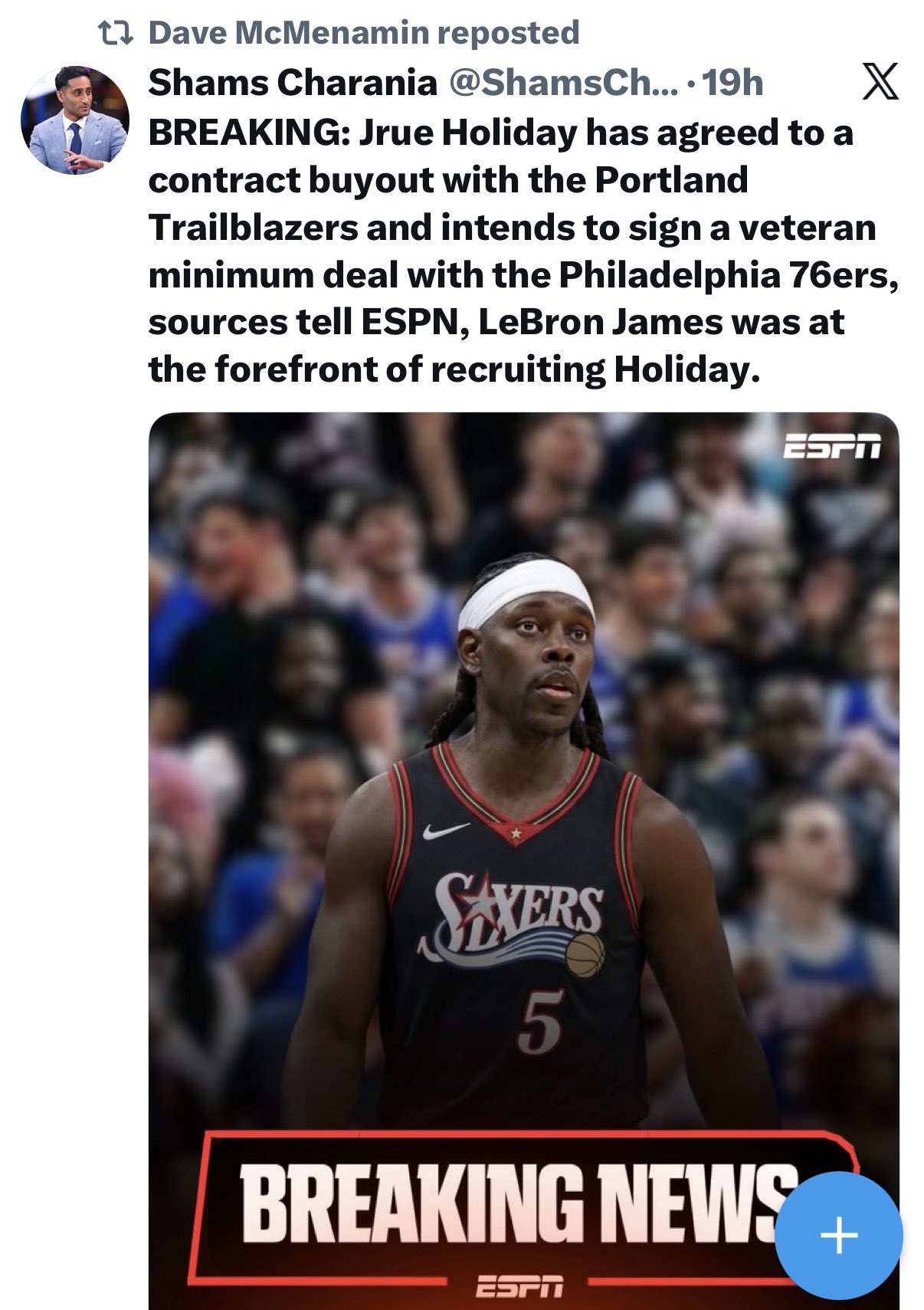 真Shams可是你同事~ESPN名记被假Shams账号骗了 以为霍勒迪被买断