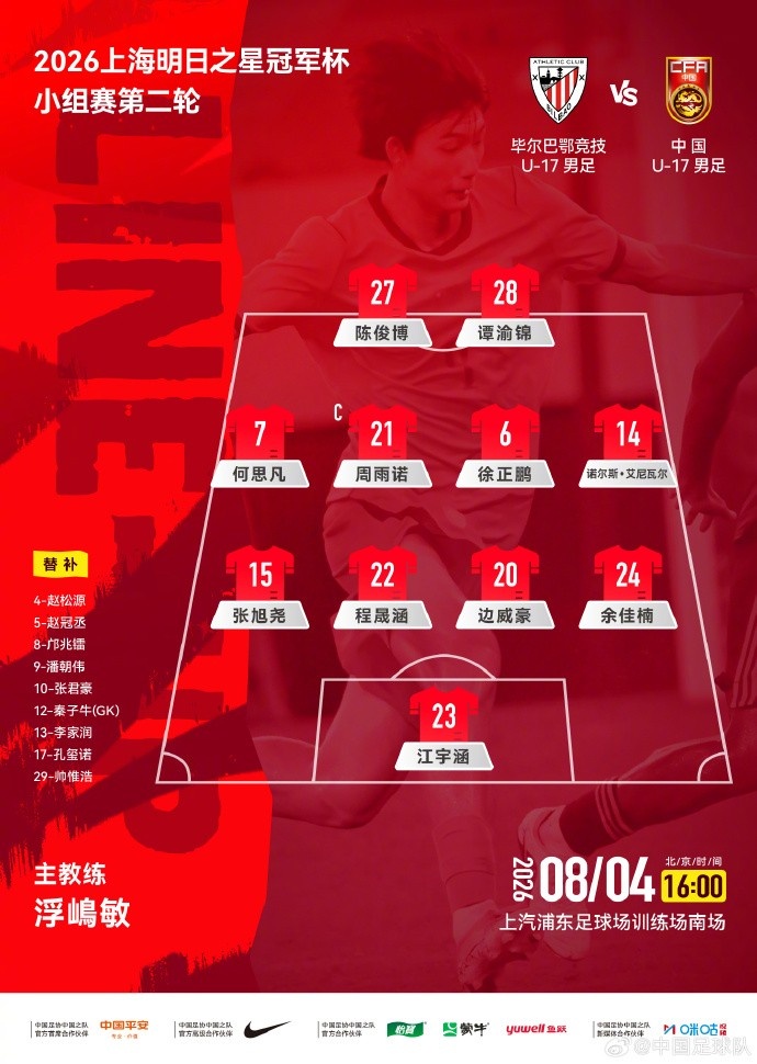 明日之星冠军杯小组赛，毕尔巴鄂竞技U17vsU17国足，U17国足首发