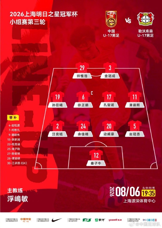 明日之星冠军杯第三轮，中国U17vs勒沃库森U17，中国队首发公布